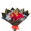 Red rose bouquet with white baby's breath in black and gold wrap