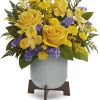 Cool and contemporary meets bright and fun! Cheerful yellow roses get a