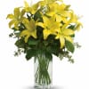 Yellow lilies arranged in a clear glass vase