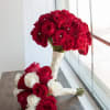 Two rose bouquets with red and white blooms, one tied with white ribbon