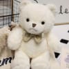 White teddy bear with a plaid bow tie