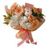 Peach and white bouquet with gerbera daisies and roses, tied with pink ribbon