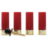 Four red and gold bottle stoppers with one stopper lying in front