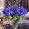 Blue iris bouquet in a clear glass vase with green filler flowers