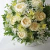Cream roses and white flowers arranged in a white vase