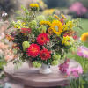 Colorful mixed flower arrangement in a white pedestal vase