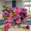 Pink and purple floral arrangement in a gray vase