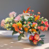 Mixed bouquet in a white vase with apples and a small bowl of apples