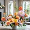 Pastel floral arrangement in a white vase with peach and lavender blooms