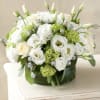 White roses and lisianthus arranged in a low round box