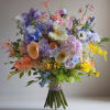 Colorful bouquet of mixed flowers in pink, blue, purple, and yellow