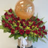 BEAUTIFUL BASKET WITH 35-50 OR 75 IMPORTED ROSES AND SOLIDAGO, CUSTOM BALLOONS