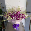 Bouquet of purple and white orchids wrapped in pink paper with a purple ribbon