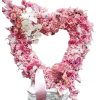 Heart-shaped pink floral arrangement with roses and orchids on a pedestal