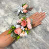 Corsage and Boutonni&egrave;re set with spray roses, alstroemeria and baby&rsquo;s breath accented