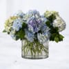 Coastline is a serene, modern floral arrangement featuring lush blue hydrangea layered