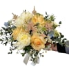 Spring flowers round wedding bouquet. 
Cream, white, light pink, light blue.
