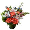 Orange roses, white cymbidium orchids, orange spray rose, blue thistle, blue delphinium