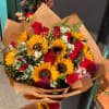 24 Red Roses and Sunflowers in a wrapped bouquet with Pink Alstroemeria