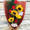 5 Red Roses and 4 Sunflowers, an Alstroemeria with accents of baby