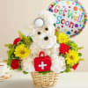White teddy bear flower arrangement with a Get Well Soon balloon