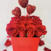 Red roses and hearts. Regular size as pictured, box shape and color