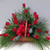 Basket arrangement of red roses with a large red ribbon