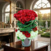 Red roses and white hydrangeas arranged in a glass vase with green loops