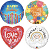 Set of four round and heart-shaped printed balloons with birthday, get well, love, and congratulations messages.