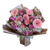 Pink and lavender bouquet with gerbera daisies, roses, carnations, and tulips