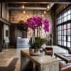 Potted purple orchids in a metallic planter on a concrete table
