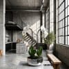 White orchids in a metallic planter inside a modern concrete room.
