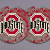 Two Ohio State logo round items with red and gray tie-dye pattern