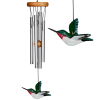 Hanging metal wind chime with two hummingbird ornaments