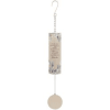 Hanging metal wind chime with a cylindrical printed tube and round beige striker
