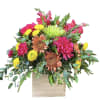 Wooden box of bright pink carnations, yellow button mums, orange blooms and