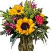 Sunflowers with purple alstroemeria, pink carnations,  yellow buttons,  and solidago