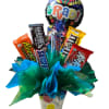 Assorted candy bars in a decorated gift box with a  small