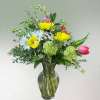 This spring arrangement is colorful and cheerful.