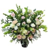 Large classy, sympathy arrangement with peach, white and green flowers
