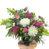 Sympathy arrangement with a beautiful mix of purple, white, and green flowers