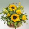 Basket with yellow roses, sunflowers, and lilies