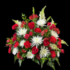 Red and white sympathy bouquet with roses, spiders, carnations, and snapdragons.