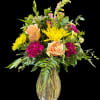 Fun mix of peach, purple and yellow flowers