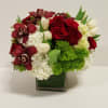 square vase 6x6 with some white hydrangeas red roses combined with some
