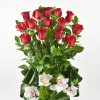 This Beautiful arrangement is in a ceramic vase with Ecuadorian red roses