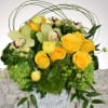 This arrangement comes in a white rustic ceramic vase 
With green hydrangeas