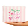 Pink striped pouch with "Mahjong Social Club" text and a drink illustration