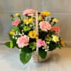 Basket arrangement of pink carnations and yellow daisies