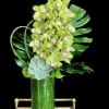 Green orchid arrangement in a tall glass vase with a succulent accent